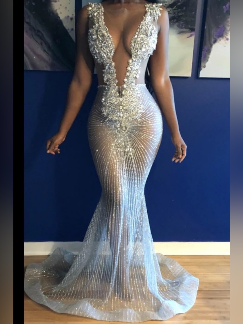 Silver Embellished Plunge Mermaid Evening Gown